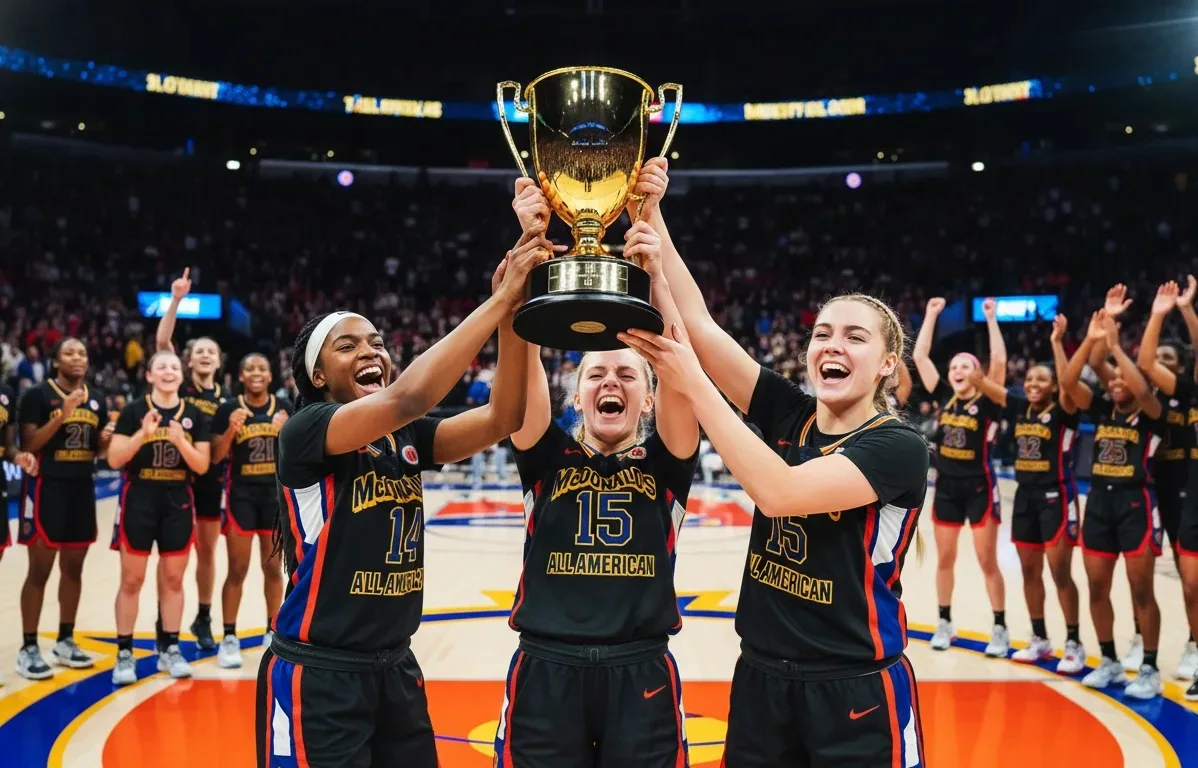 Student athletes celebrating victory and lifting a trophy at one of the best sports colleges.