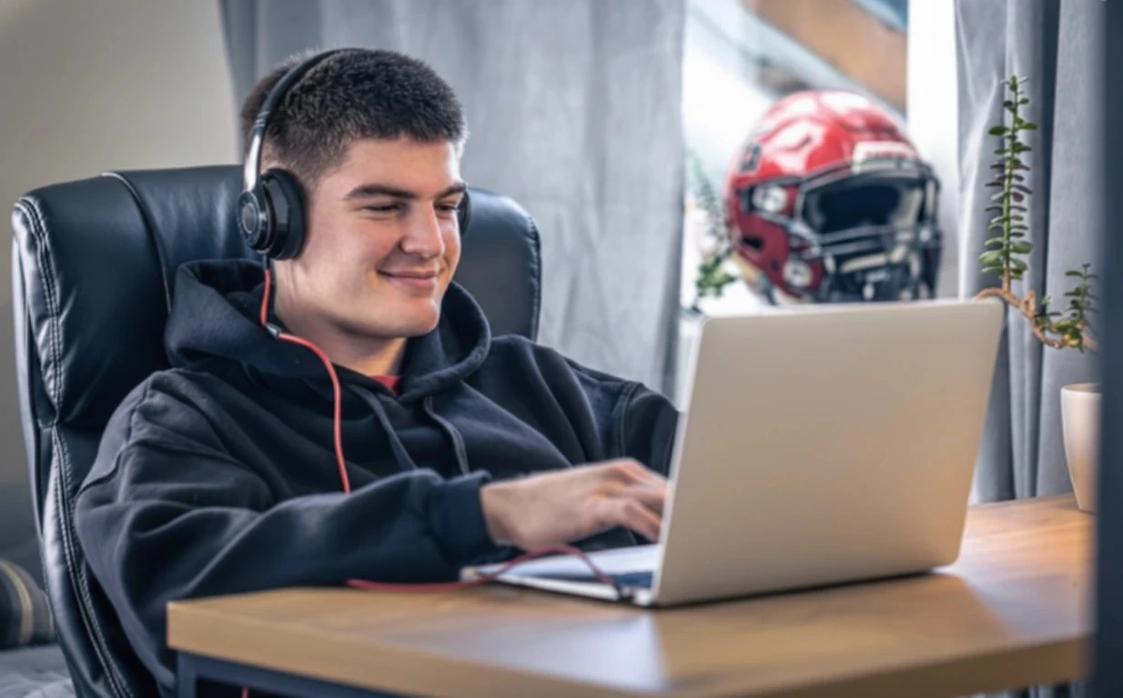 Student athlete building a strong student athlete profile on a laptop for college recruiting