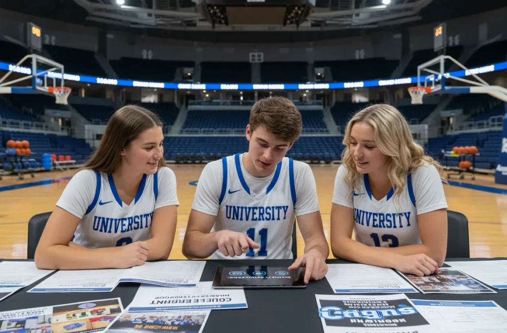 College athletes reviewing college recruitment tips during the recruiting process