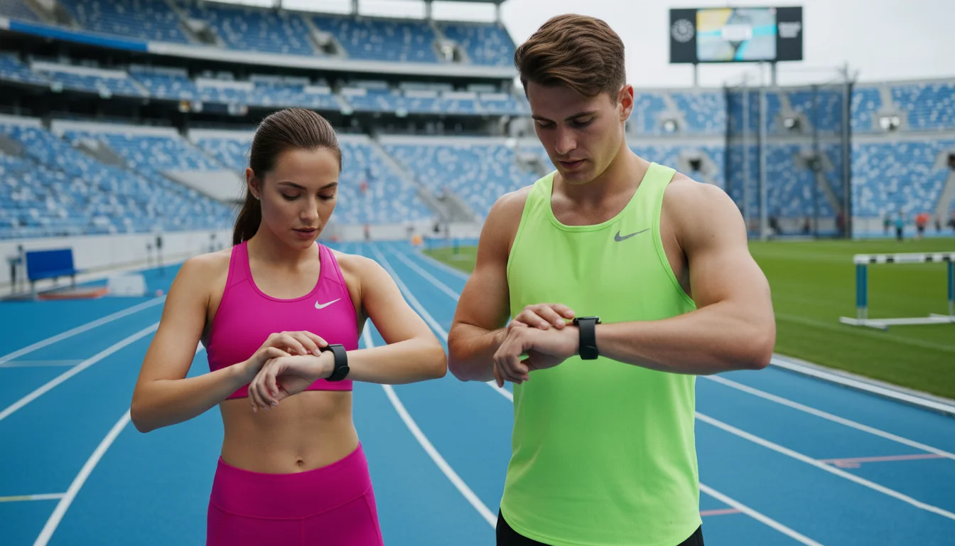 Athletes using wearable technology in sports to track training performance and recovery during a track session.