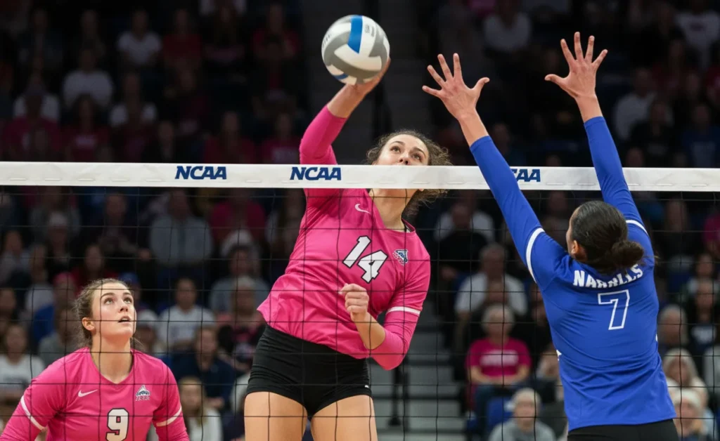 Women’s volleyball recruiting action during an NCAA match showing hitting and blocking skills