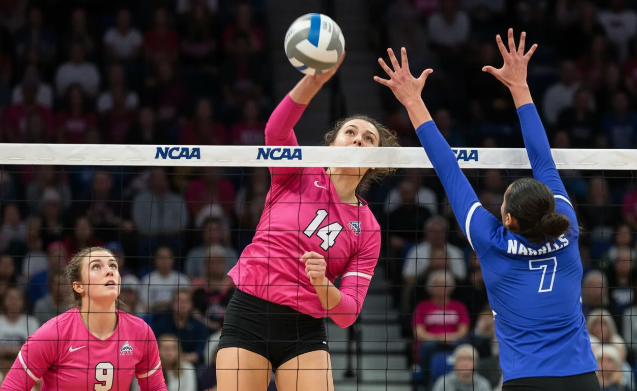 Women’s volleyball recruiting action during an NCAA match showing hitting and blocking skills