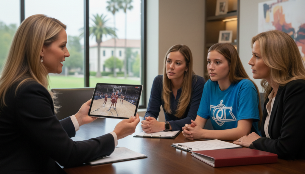 College recruiting guidance meeting with student-athlete and parents reviewing basketball highlight video