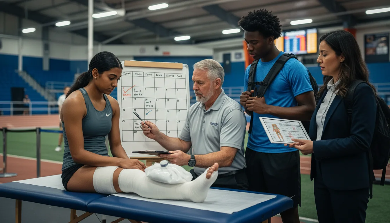 NCAA medical redshirt requirements explained with injured student-athlete and coach reviewing eligibility during college sports season